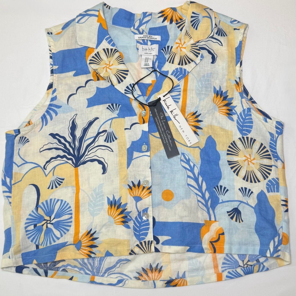 Nicole Miller European Linen Sleeveless Button Top XL NEW Blue Tropical Resort